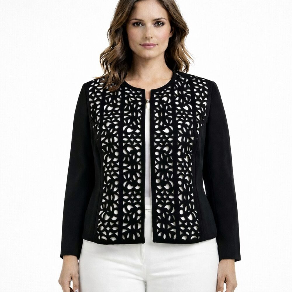 Tahari ASL Black Laser Cut Crepe Blazer Size 14P Jacket